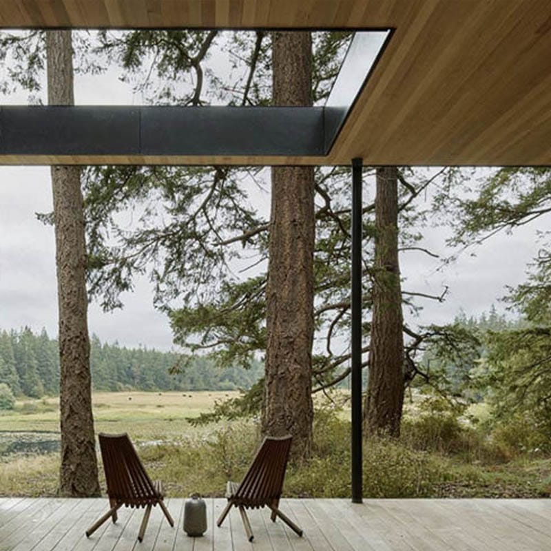 Modern home in the woods, inside looking out