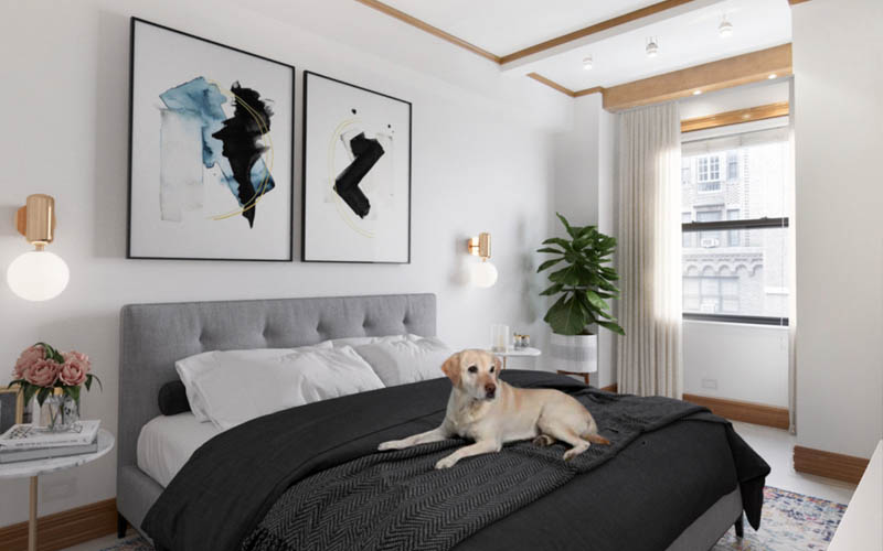Interior view of a bedroom inside the Meurice building in midtown New York City