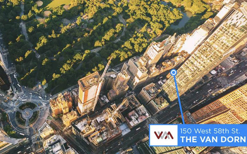 Aerial street view of the location of the Van Dorn building in midtown New York City near Central Park