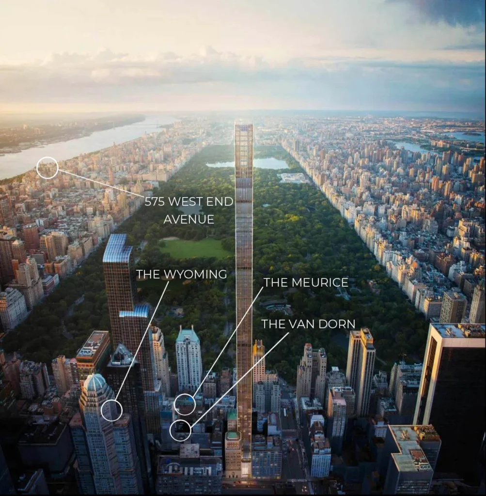 Aerial view of Central Park NYC with WAM Partner buildings pointed out